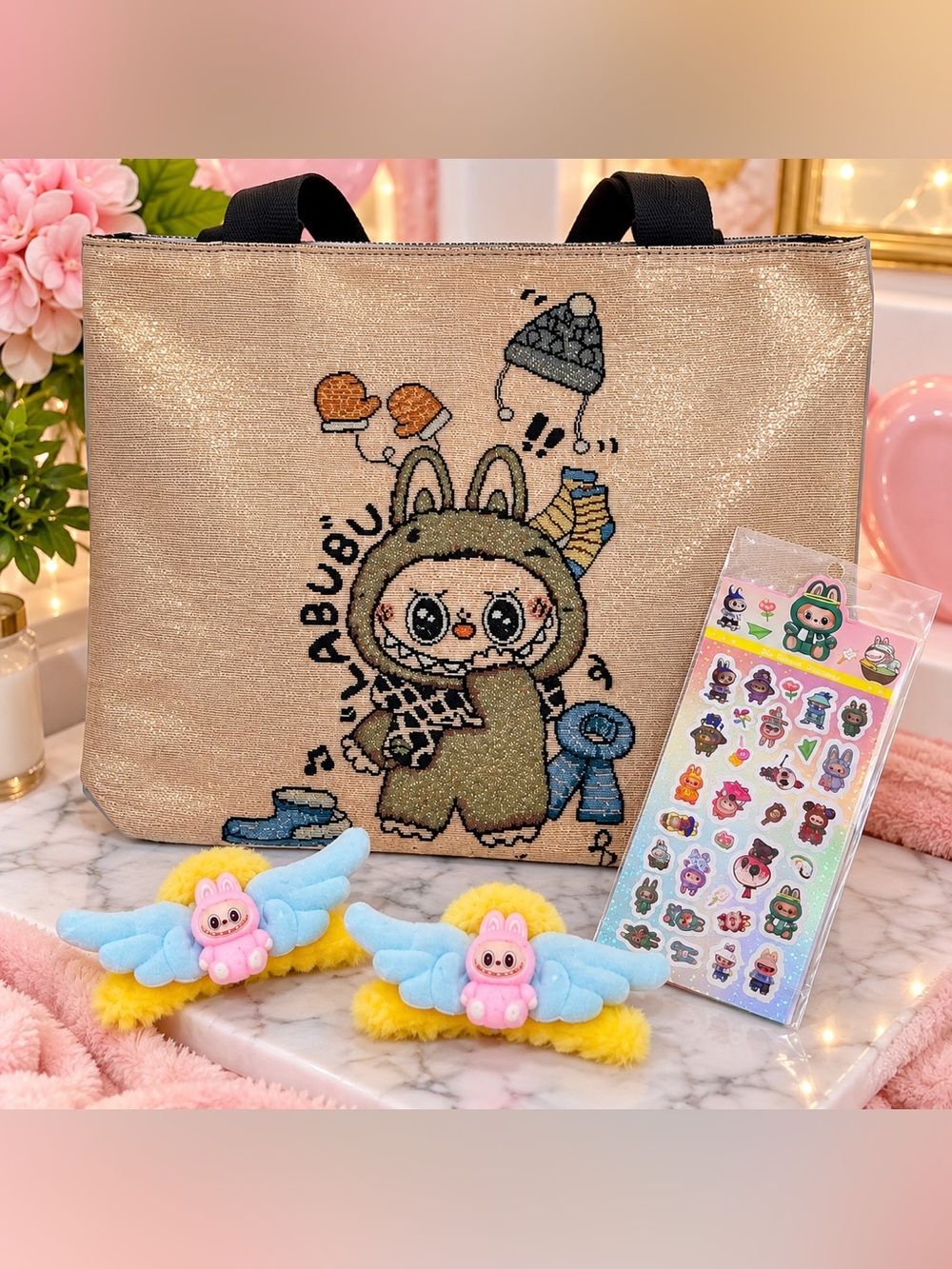 NEW Kawaii Character Tote Bag Plush Clips Sticker Bundle Cute Tapestry Bag